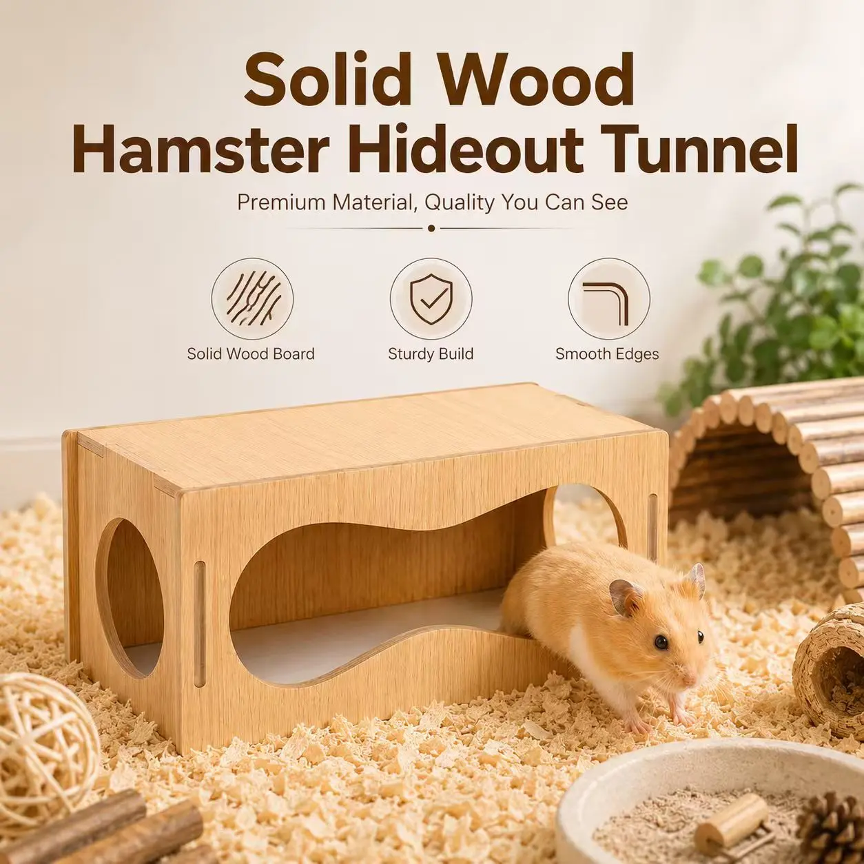 Natural Wood Board Hamster Hideout Tunnel House - Double-Entry Small Animal Habitat Decor, Smooth Edges, Chew-Resistant, Waterproof, Urine-Resistant, Easy-Clean Cage Accessory for Dwarf Hamsters, Safe Rest & Cooling Use, Chinchilla