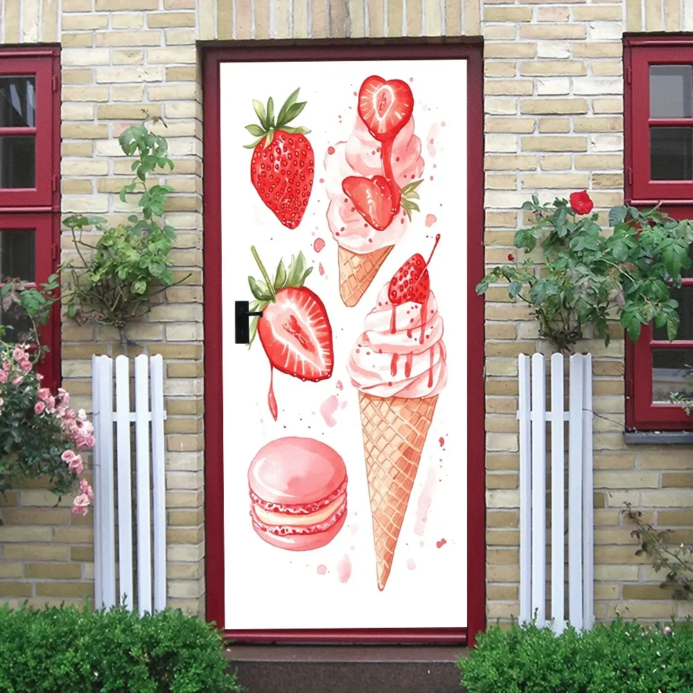 2pcs Strawberry Ice Cream Wall Stickers Cute Dessert Theme Decorative Stickers for Bedroom Living Room Self Adhesive Removable Wall Decals for Kids Room Kitchen Strawberry Macaron Cone Pattern Cartoon