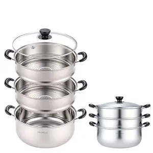 Lake Tian 3 Tier Stainless Steel Steamer Pot , Stackable Multilayer Food Vegetable Steamer with Pan Insert & Glass Lid, Multipurpose Cookware Saucepan for Cooking