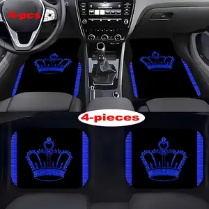 4pcs blue large crown pattern car floor mat-polyester fiber material, anti-slip lining, easy to clean, car interior assembly, suitable for front and rear seats, Car Interior Kit, Carmats