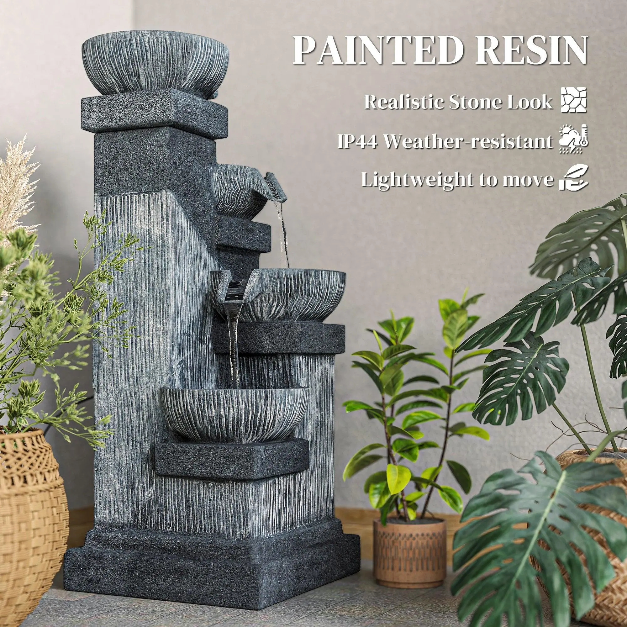 33.5" 4-Tier Cascading Bowl Outdoor Fountain with 18 LED Lights