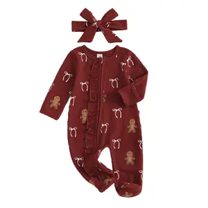 Newborn Baby Girl Boy Christmas Footie Pajamas Romper Waffles Jumpsuit Xmas Tree Gingerbread Candy Can Print Onesie Bodysuit Fall Winter Outfit