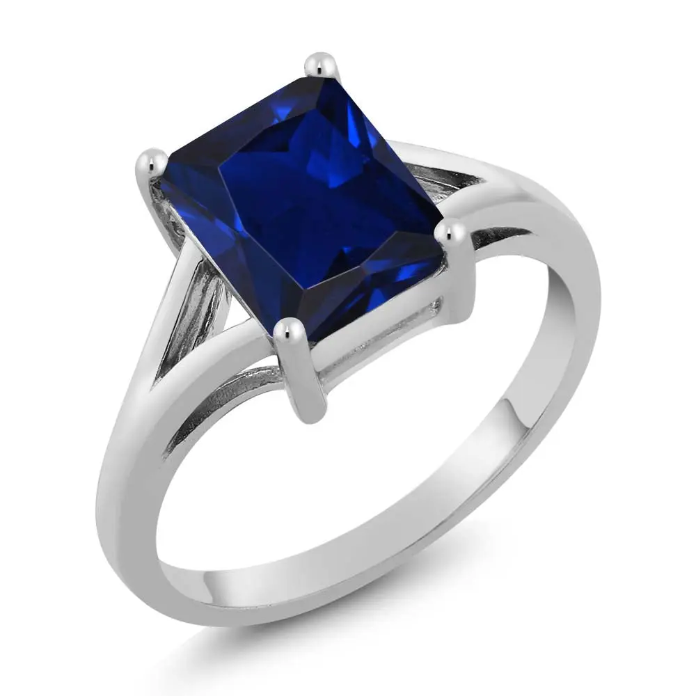 2.70 Cttw Blue Created Sapphire Solitaire Engagement Ring For Women | 925 Sterling Silver | Emerald Cut 9X7MM | Gemstone September Birthstone | Available In Size 5, 6, 7, 8, 9