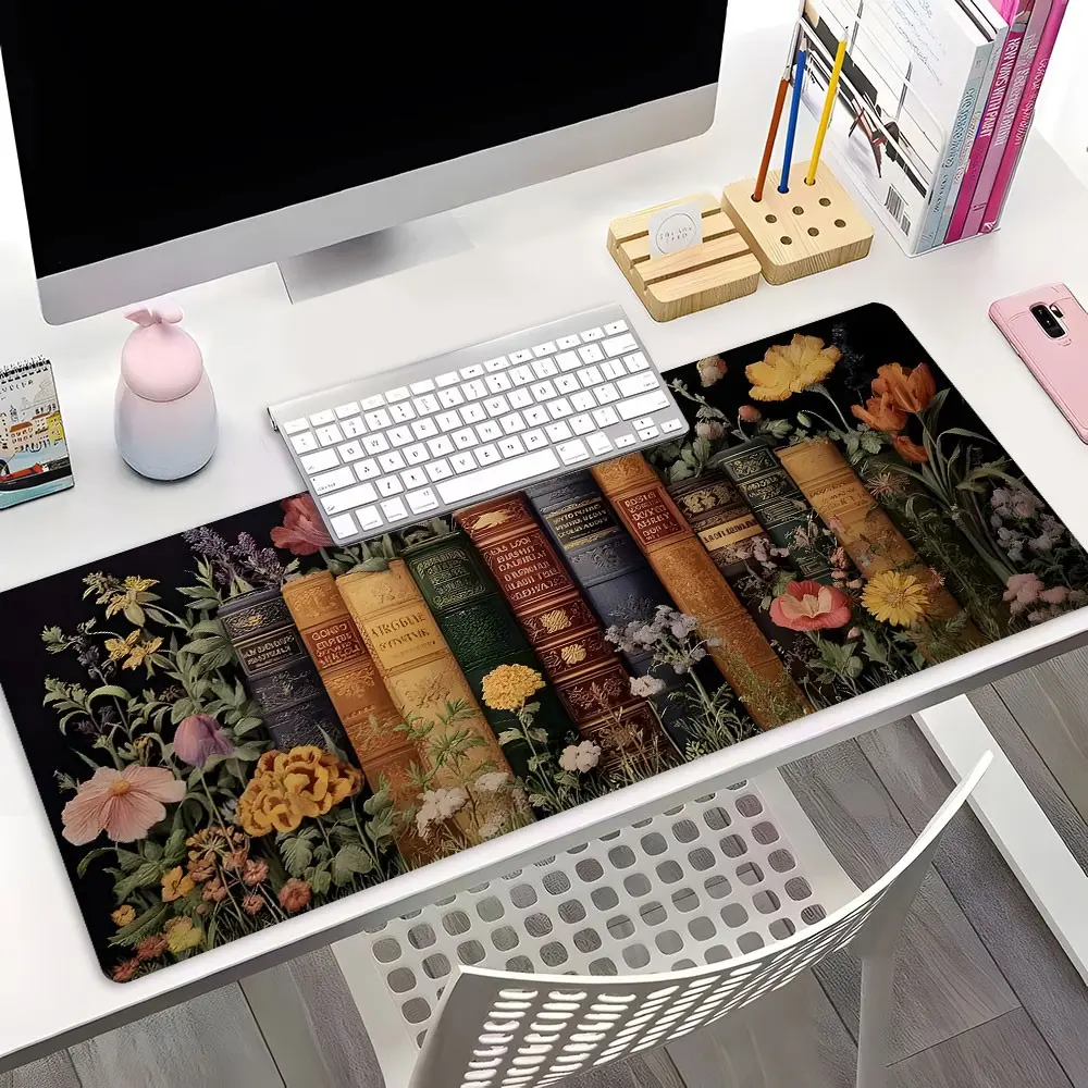 Dark Vintage Books & Wildflower Xxl Extended Gaming Mouse Pad, Non-Slip Rubber Base, Waterproof Surface, Durable Design for Home Office & Workstation, Desk Mat, Aesthetic Desk Accessories, Perfect Gift for Gamers