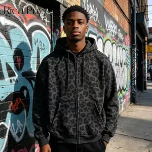Fashion Zipper Hoodie Leopard Print Sweatshirt Streetwear Retro Dark Slim Fit Unisex Loose Fit