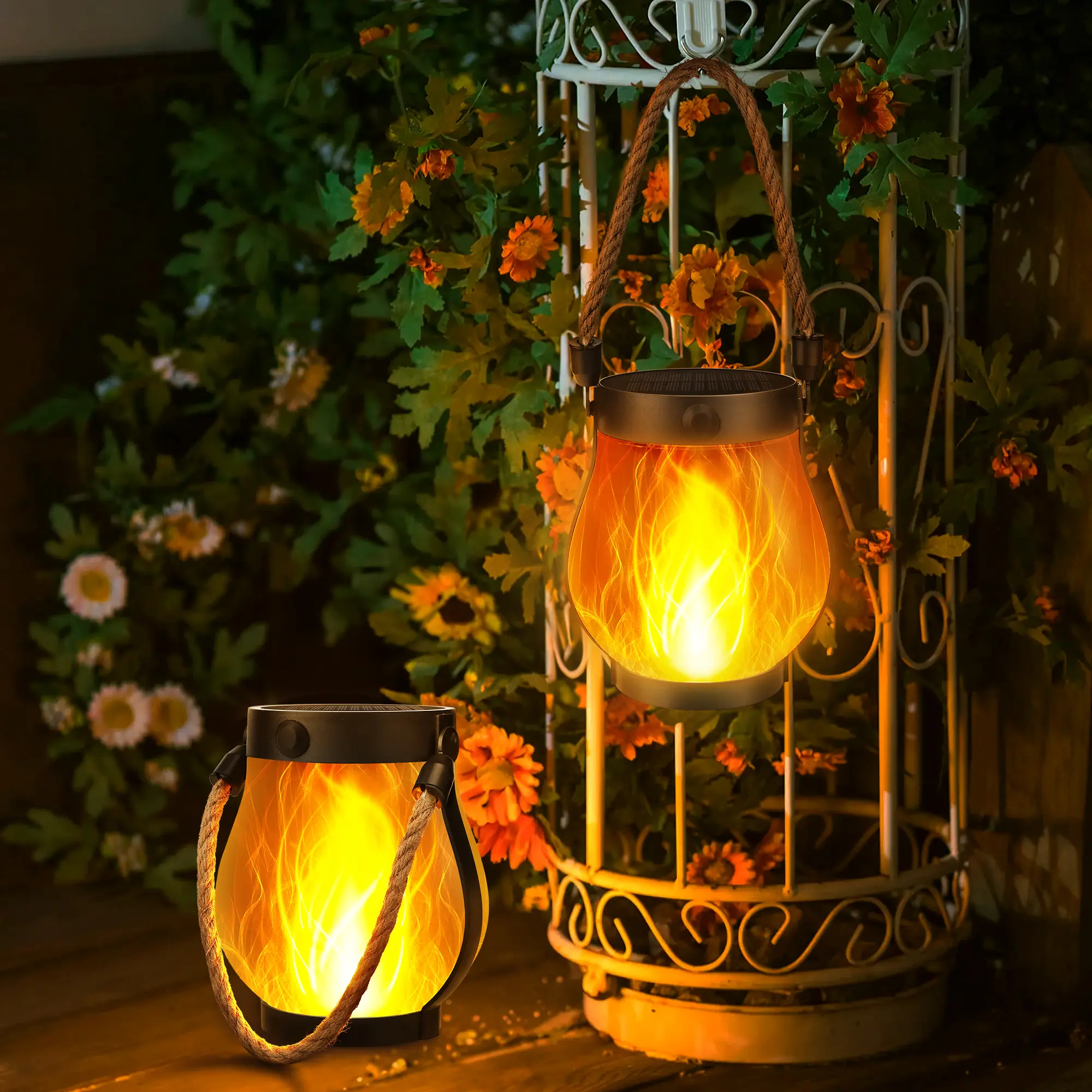 FLACCHI Halloween Solar Flame Lantern Hanging Outdoor Waterproof 2 Pack Dual Charging Modes Solar & USB for Garden Yard Decorations