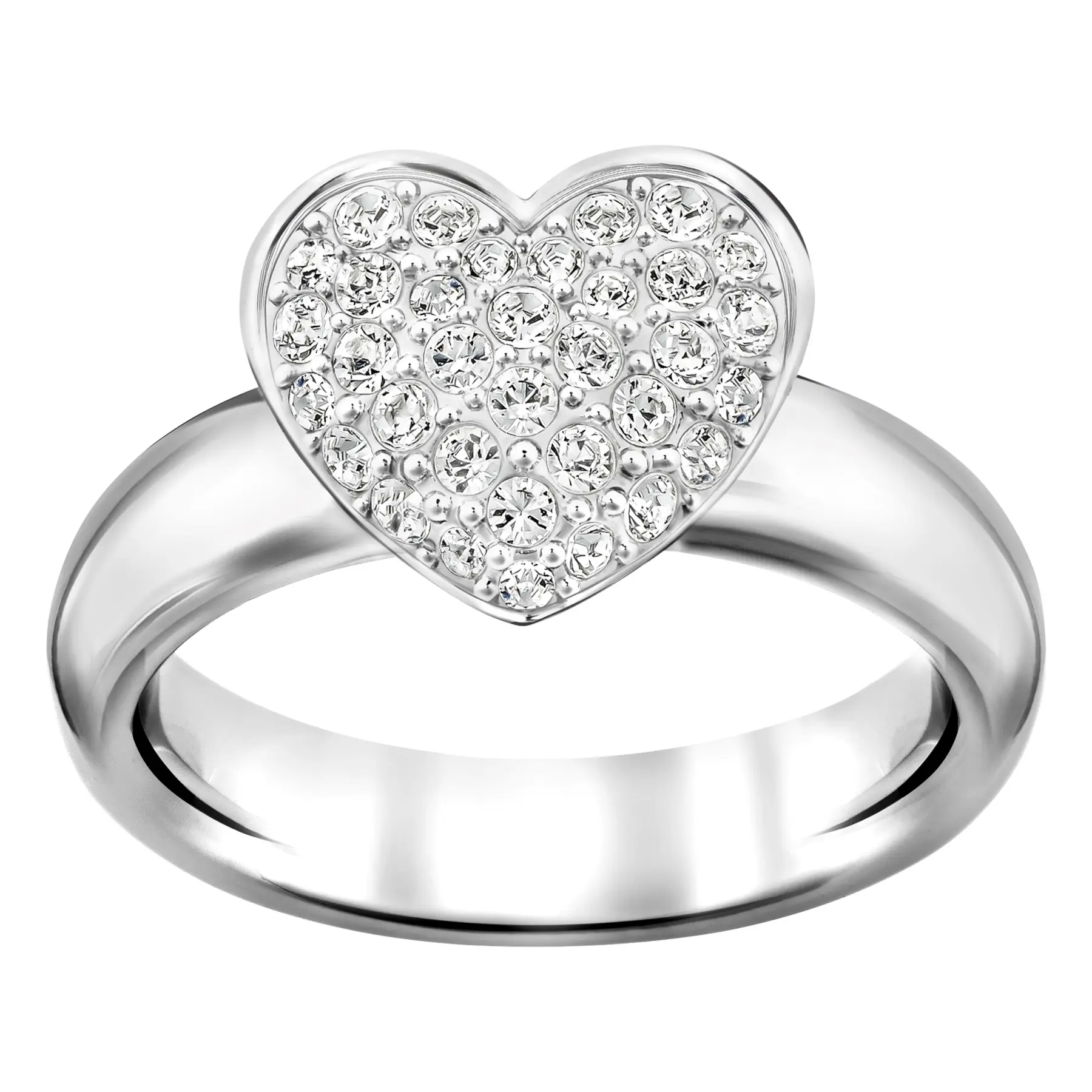 Swarovski Even Rhodium Plated Ring with Contemporary Crystal Pavé Heart, Valentine's Day Jewelry Gift, Size 6, Valentines Day, Statement Silver Rings, Plated Silver Rings