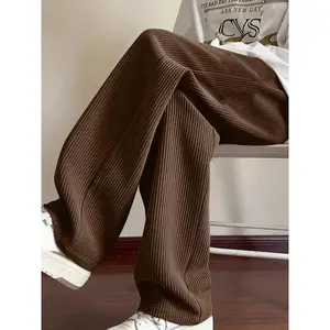 Men's Fall Winter Corduroy Straight Leg Pants, Trendy High Street Casual Loose Fit Long Trousers, Plain Woven Fabric, Comfortable Daily Wear