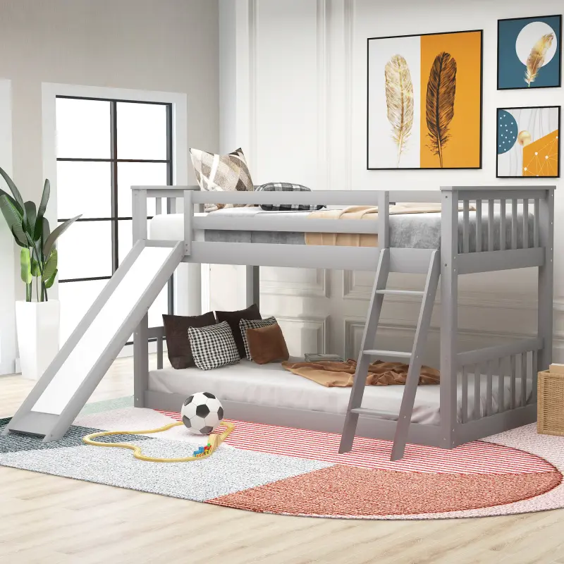 [Bellemave] Twin/Full  over Twin Bunk Bed with Convertible Slide and Ladder