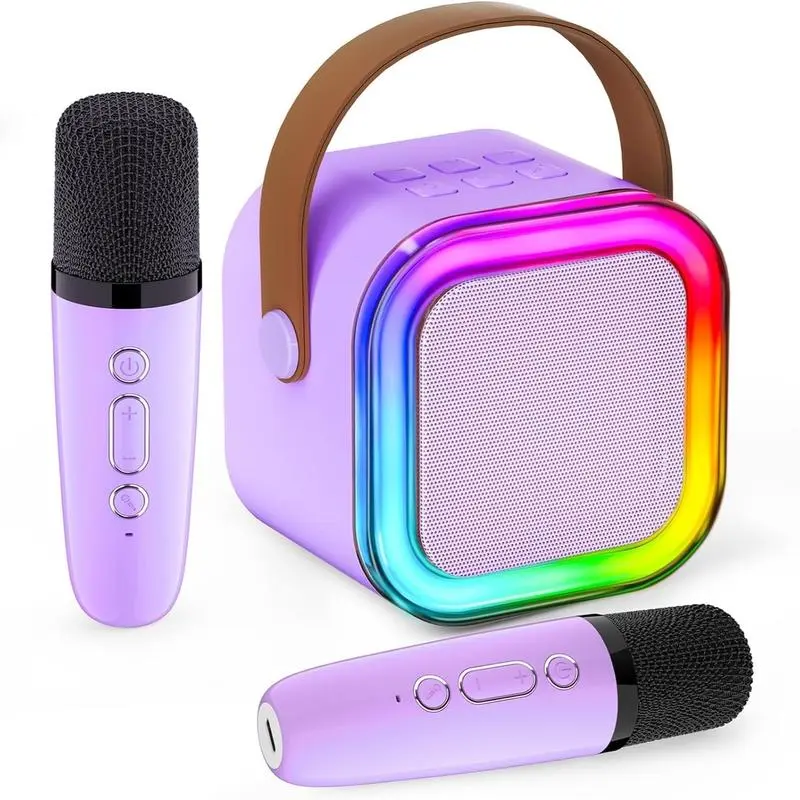 Mini Karaoke Machine with 2 Microphones Wireless BT Speaker Bluetooth Speaker with LED Nightlight RGB Lights HiFi Stereo Sound Durable ABS Material