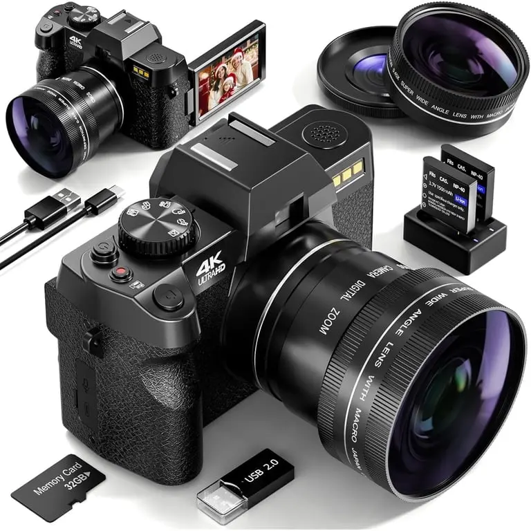 NBD S100 4K Digital Camera with 48MP Photo Mode, 3-Inch Rotating Screen, Wide-Angle & Macro Lenses, 32GB TF Card, USB Cable, Rechargeable Batteries, 1-Year Warranty
