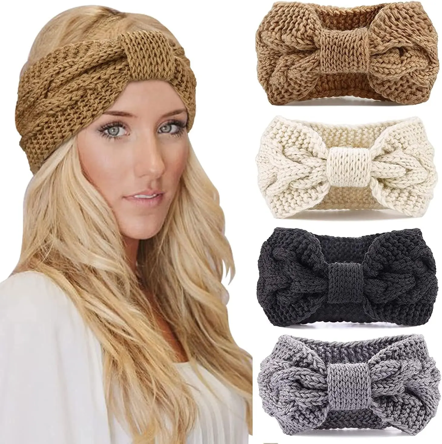 Women's 4-Pack Soft Chunky Knit Turban Ear Warmers - Thick Elastic Wide Hair Band, Cold Weather Warmth, Easy Winter Outfit Match, Forehead Protection, Anniversary Fashion Hair Accessory Headwear, Modern