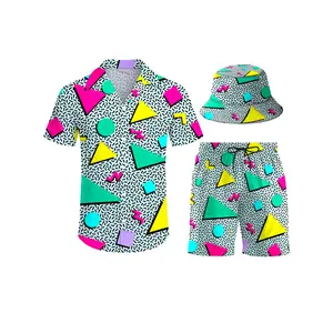 [Made in US] Men'S 3pcs Retro Outfit Beach Set, Retro 80S 90S Geometric Pattern Sportswear, Hawaiian Sportswear Set, Shirt Beach Shorts And Fisherman Hat Bucket Hat Menswear Fashion