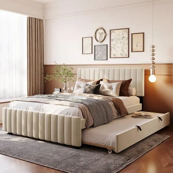 Queen Size Velvet Upholstered Platform Bed with Twin XL Size Trundle, Beige