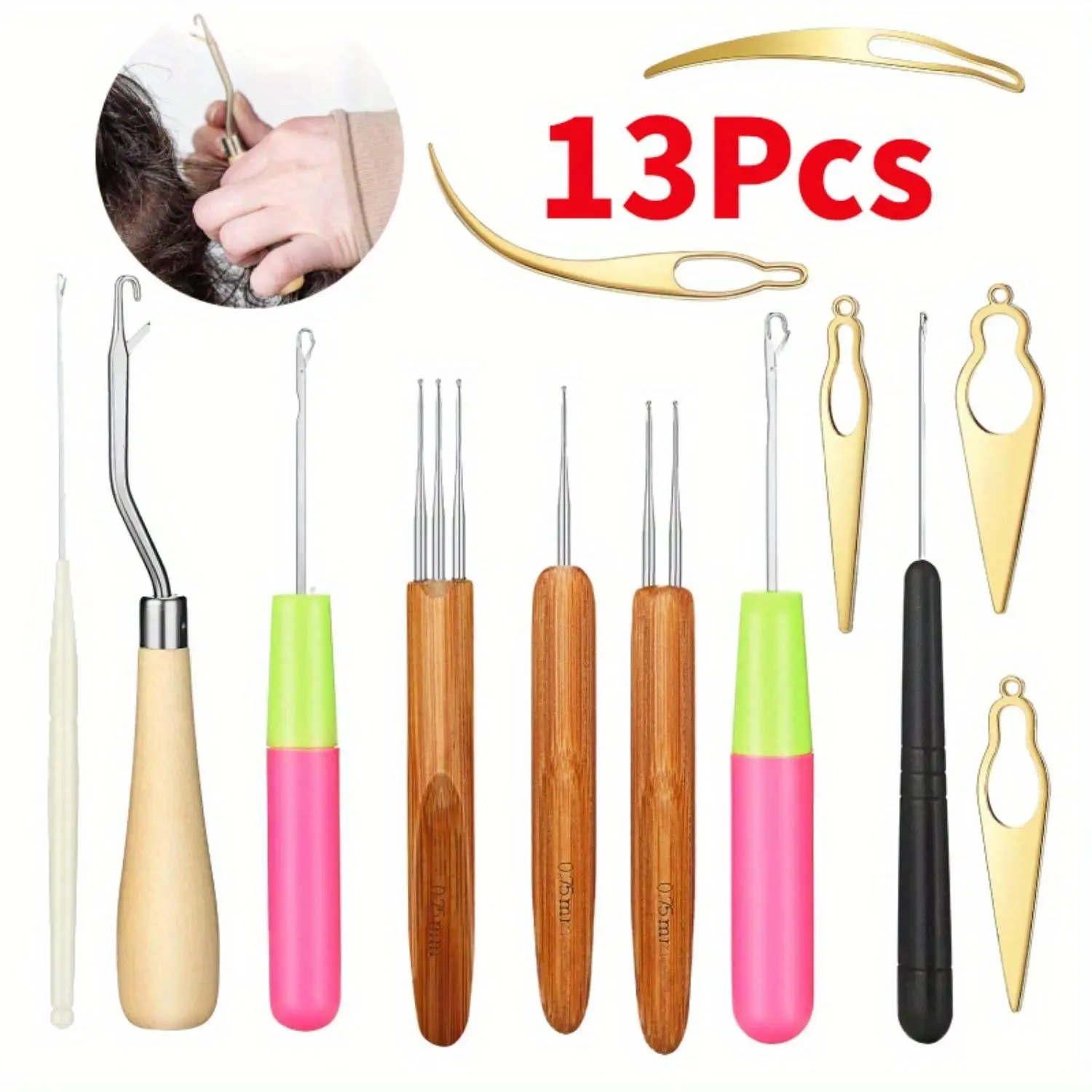 13 Pcs Steel Dreadlocks Tool Set, Hair Styling Kit Including 5 Latch Hook Crochet Needles, 3 Dreadlocks Hooks, 5 Locking Hair Extensions Aids for Locs, Sisterlocks & Smooth Haircare (Heatless Party Supplies), Hair Styling Tools