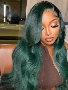 High-definition transparent black and green gradient body wave lace front wig with 13x4 HD Lace Frontal closure, glueless synthetic hair - heat resistant fiber, dark roots, suitable for African/all light beige skin tones, 28 inches