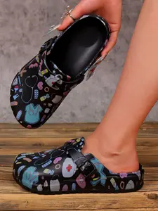 Women's Fashion Cartoon Print Hollow Out Shoes Eva Summer Non-Slip Work Shoes Lightweight Flat Soft Sole Adjustable Buckle Slip-On Beach Garden Fall