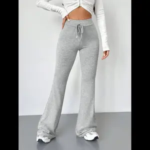 Retro grey tie-waist flare-leg sweatpants for tall women, casual graduation and back-to-school outfit