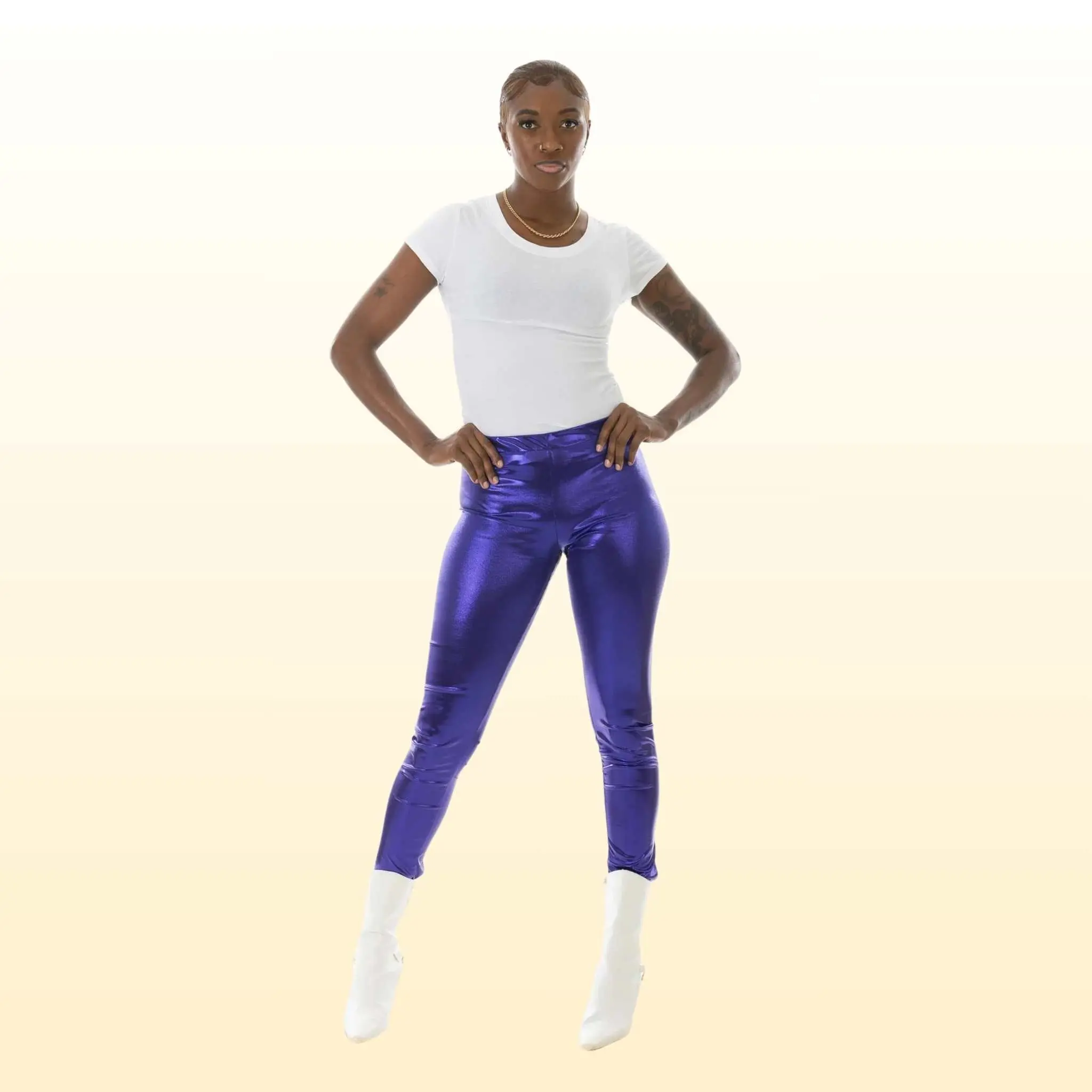 Women  Purple Wet Look Shiny Metallic Leggings Liquid Waist Stretch Pants