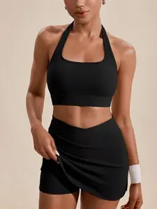 Women's Solid Color Halter-Neck Casual Top & Bottom Sports Set
