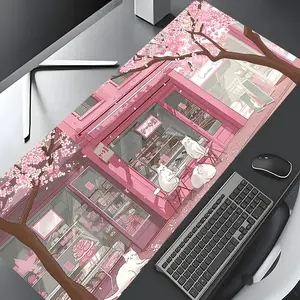 Pink Cherry Blossom Kawaii Cat Coffee Large Gaming Mouse Pad, Gaming desk accessory, Japanese Girls Washable Rubber Desk Mat with Non-Slip Base, Girly Aesthetic Home Office Decor, Girly office supplies, Christian Gifts for Women