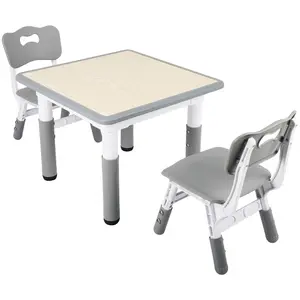 Kids Table and 2 Chairs Set, Height Adjustable Toddler Table and Chair Set for Ages 3-8, Easy to Wipe Arts & Crafts Table, (3pcs Set) - Gray Mini Furniture Wood dining table set of 4