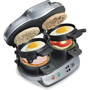 Beach Dual Breakfast Sandwich Maker with Timer, Ready in 5 Minutes, Removable Dishwasher Safe PFAS-Free Non-Stick Egg Cooker Ring, Silver (25490MNA)