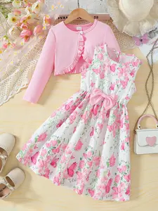 Girls' Spring Summer Fashion Dress Set, Soft Pure Color Long Sleeve Lace Shawl, Butterfly Flower Vest Dress, Lovely Bow Dress, Casual Daily Wear