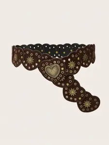 One pc Y2K Bohemian Heart-Shaped Cutout Metal Buckle Sparkling Western Belt, Studded Western Vintage Ladies Accessory for Skirts & Jeans, Perfect for Music Festivals & Valentine's Day