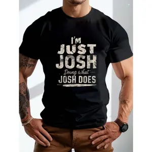 teen clothes Men'S Plus Size Big & Tall "I'M JUST JOSH" Distressed Graphic T-Shirt - with Lettering, Vintage-Inspired Casual Short Sleeve Round Neck Tee, Comfortable All-Season Wear for Everyday Outfits, Family Photos & Holiday Gatherings - Machi