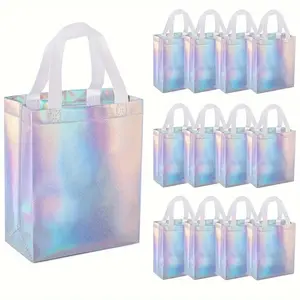 15 Rainbow Holographic Gift Bags, Goody Bags, Party Goodie Bags, Party Favor Bags, Reusable Medium Handbags, Durable Polypropylene Material, Waterproof Design, Perfect for Birthdays Parties Weddings, Party Supplies, Birthday Gift Accessories