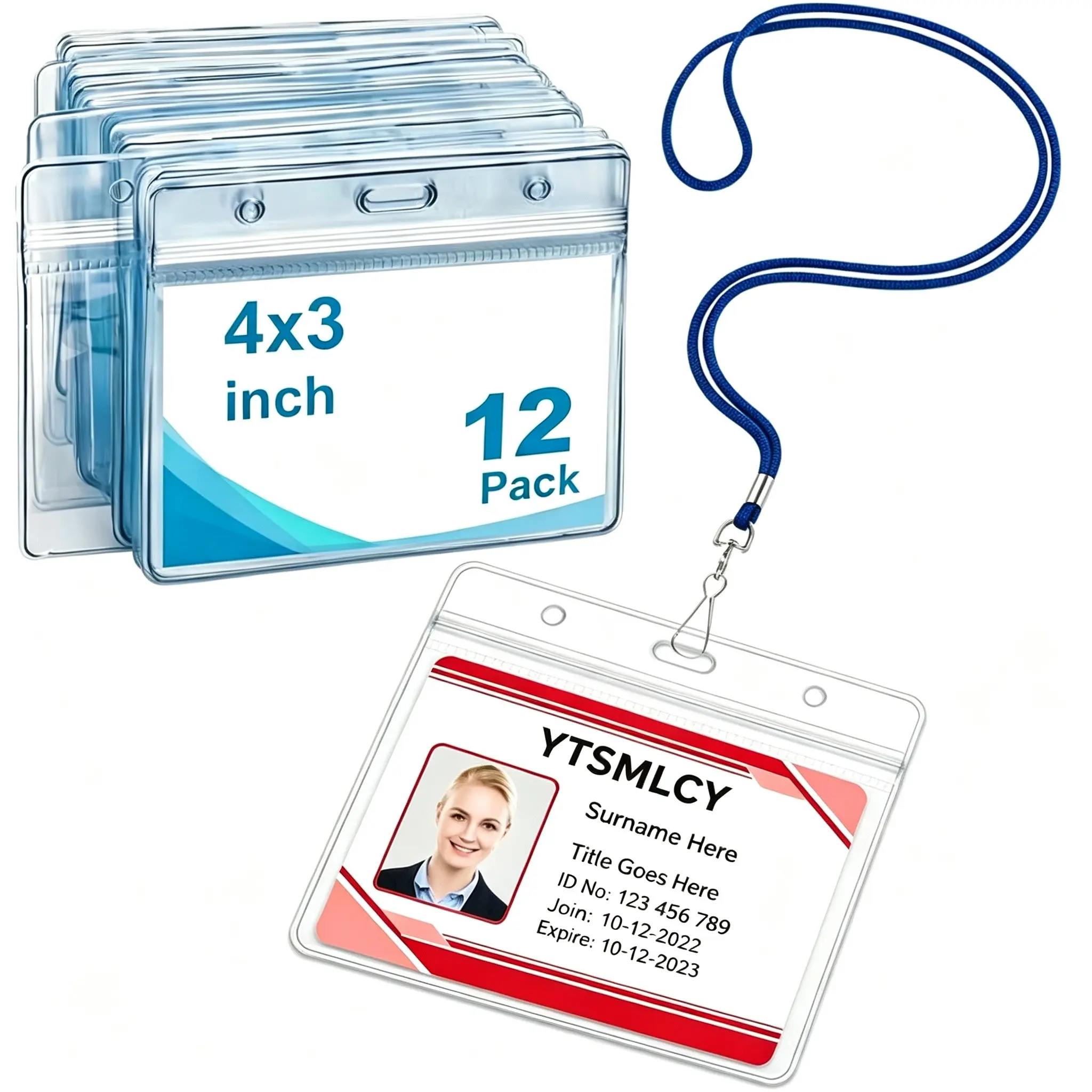 12 Pack Lanyards for ID Badges, Name Tag Lanyards, Blue Lanyard with Secure Attachment, ID Holder and Clear Plastic Horizontal Badge Holder with Clear Visibility 4"x3" Wateproof ID Card Holders, Durable, Bulk Pack, ID Card Clip, Office Supplies