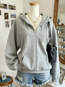 Women's Fashion Fall Winter Drawstring Hoodie, Plain Zipper Jacket Coat, Casual Loose Fit Long Sleeve Top, Versatile New Arrival, Cozy Breathable Clothing