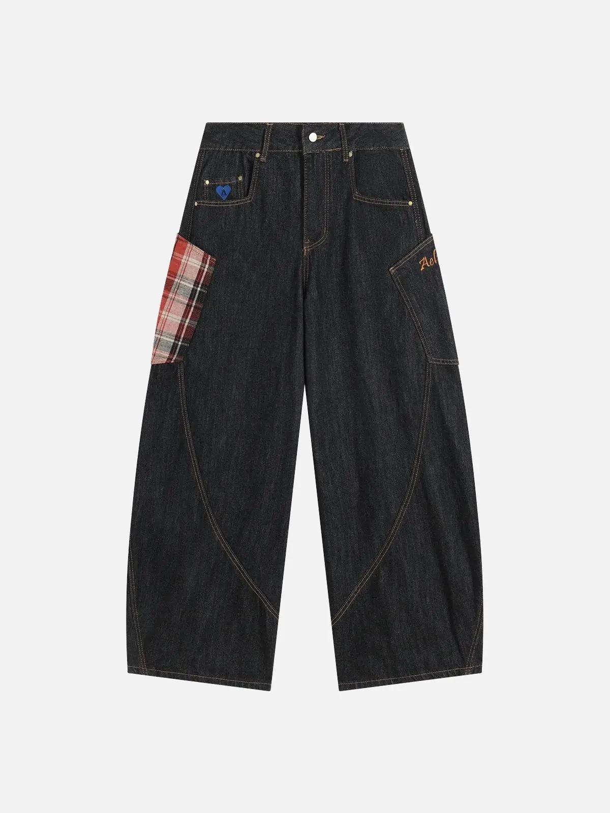AELFRIC EDEN Unisex Vintage Plaid Patchwork Baggy Barrel Jeans, Streetwear Wide Leg Cotton Denim Trousers with Big Pockets, Pocket, Casual, Loose, Fashion, Baggy Jeans