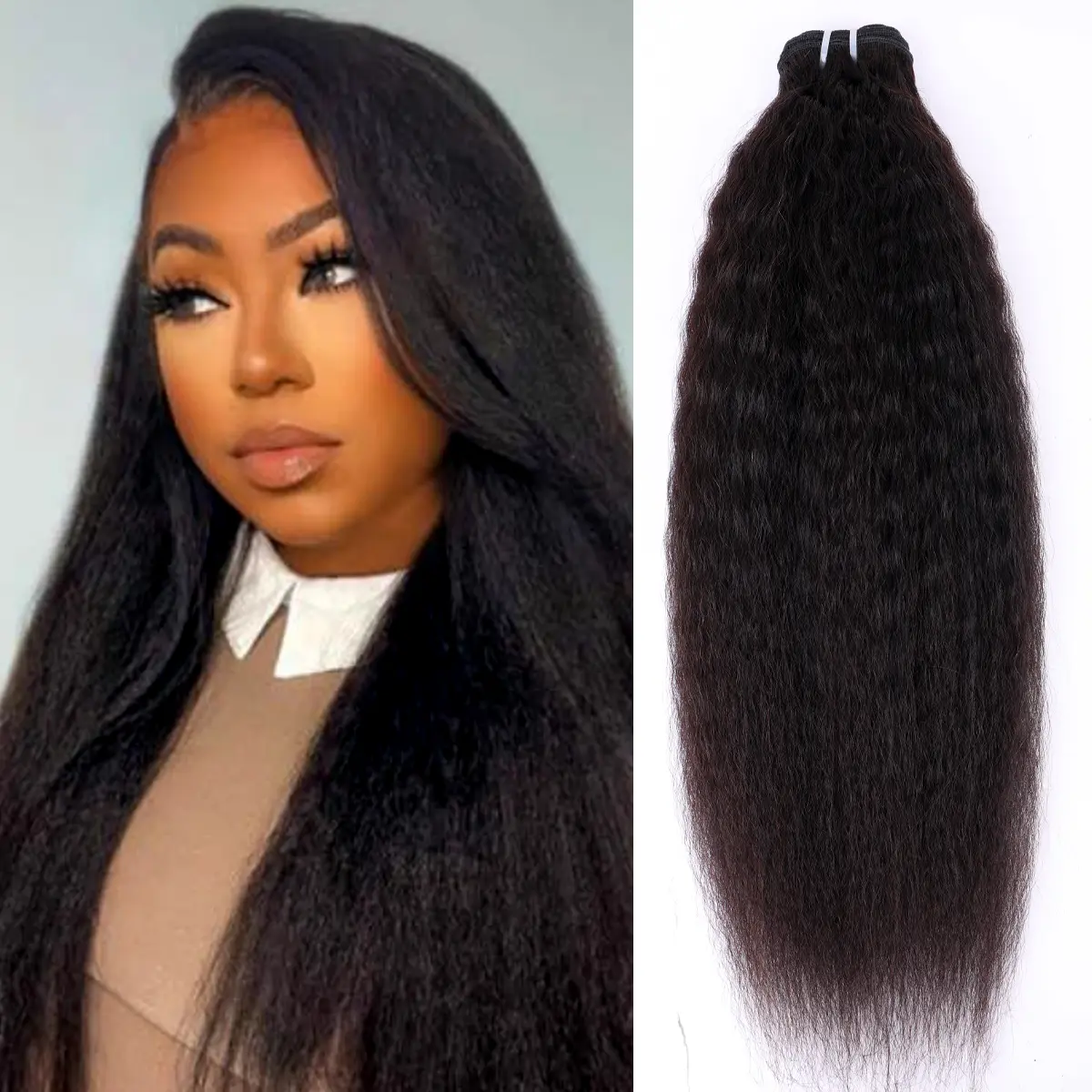 Msgem Hair 16A Kinky Straight Human Hair Weave Bundles, Yaki Texture Real Extensions, 1 Piece 12-32 Inch for Women, Yaki Straight, Real Hair Extensions
