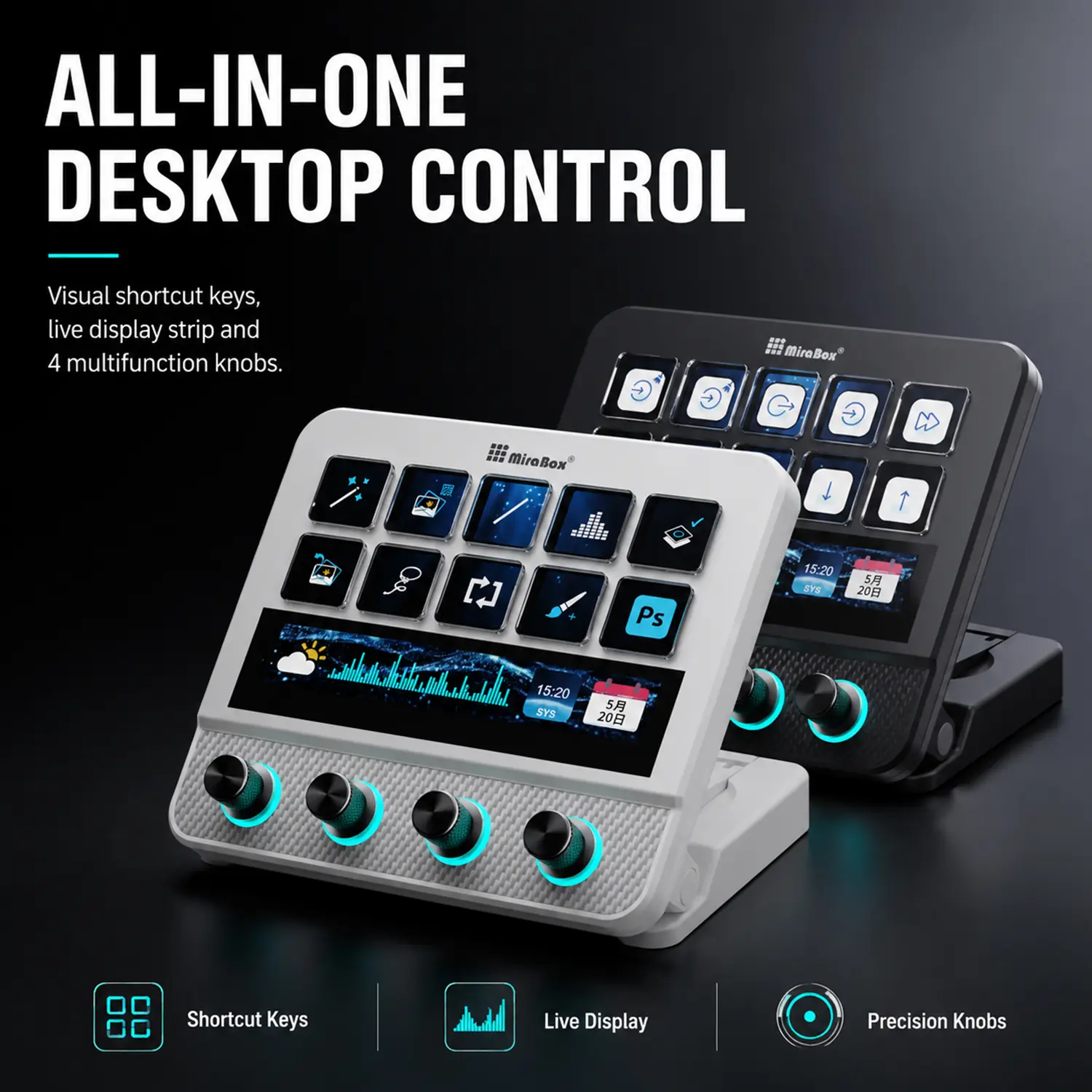 MiraBox Programmable Keys USB Shortcut Keyboard for Gamer Streamer |10 visual LCD & 4 Knobs & Touchbar screen|for OBS, YouTube, Office Desk Setup, PC, Mac | Macro Pad, Streaming Deck Stream Controller Soundboard Keypad,mirabox，Stream Controller Deck