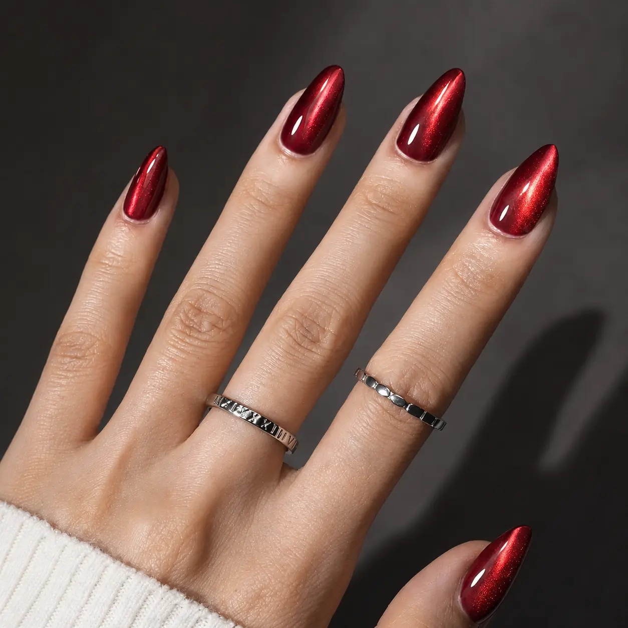 Burgundy Cat Eye Press On Nails 24 pcs Medium Almond, Glossy Magnetic Fake Nails with Nail Glue, Adhesive Tabs & Nail File, Elegant Wine Red Manicure Kit for Date Night, Holiday, Wedding & Party