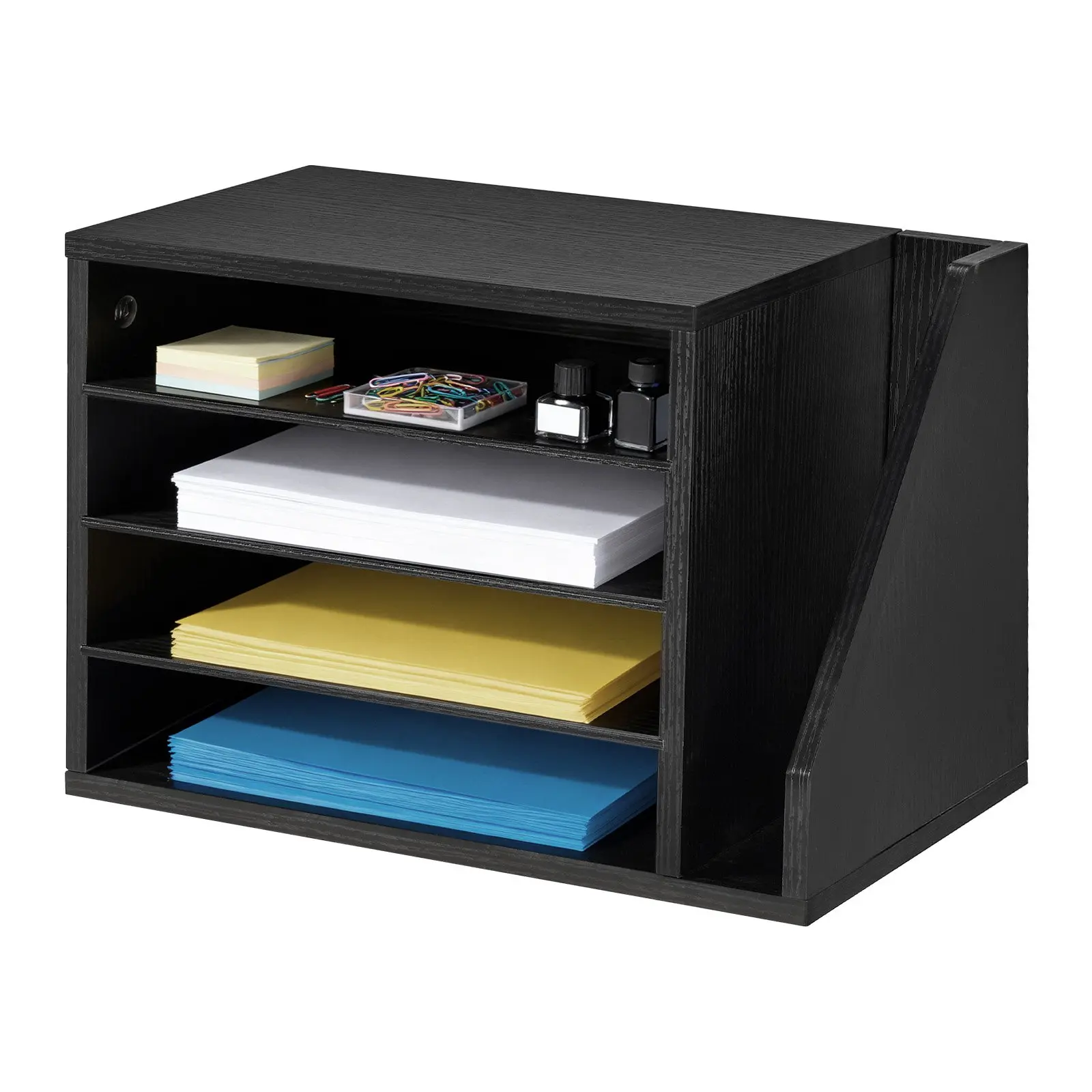 VEVOR Wooden Literature Organizer with MDF Frame, 4-Compartment Desktop Shelf Mailbox Sorter, Detachable Shelves & Side Vertical Storage, 15.75 x 9.25 x 11.02 in, Zh646 Countertop Organizer for Classrooms, Files, Documents, Paper, Black, 6.61 Lbs/3 Kg