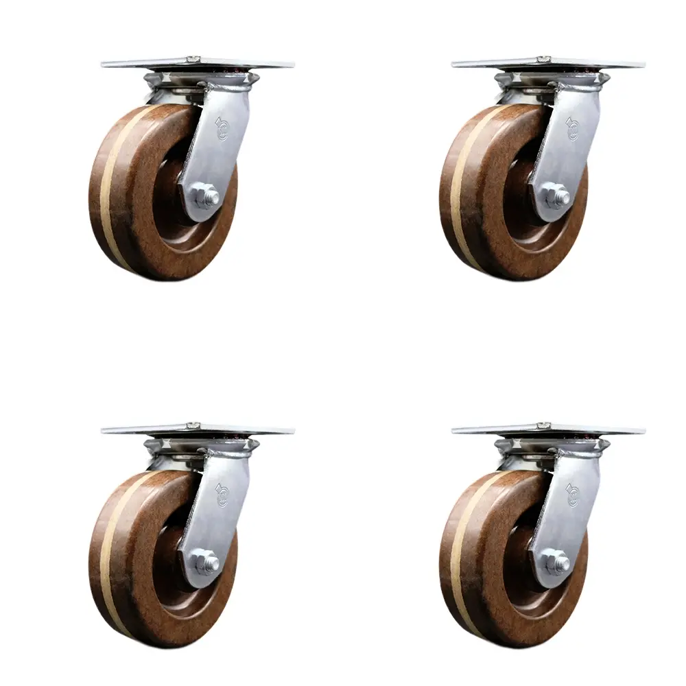 Service Caster SCC-35S620-PHRHT-BSL-4 Heavy Duty Swivel Lock Casters, Large Zinc Plated Top Plate, High Temp Phenolic 6"x2" Brown Wheels, 4800 lbs Total Capacity Set of 4 for Autoclaves, Bakery Ovens
