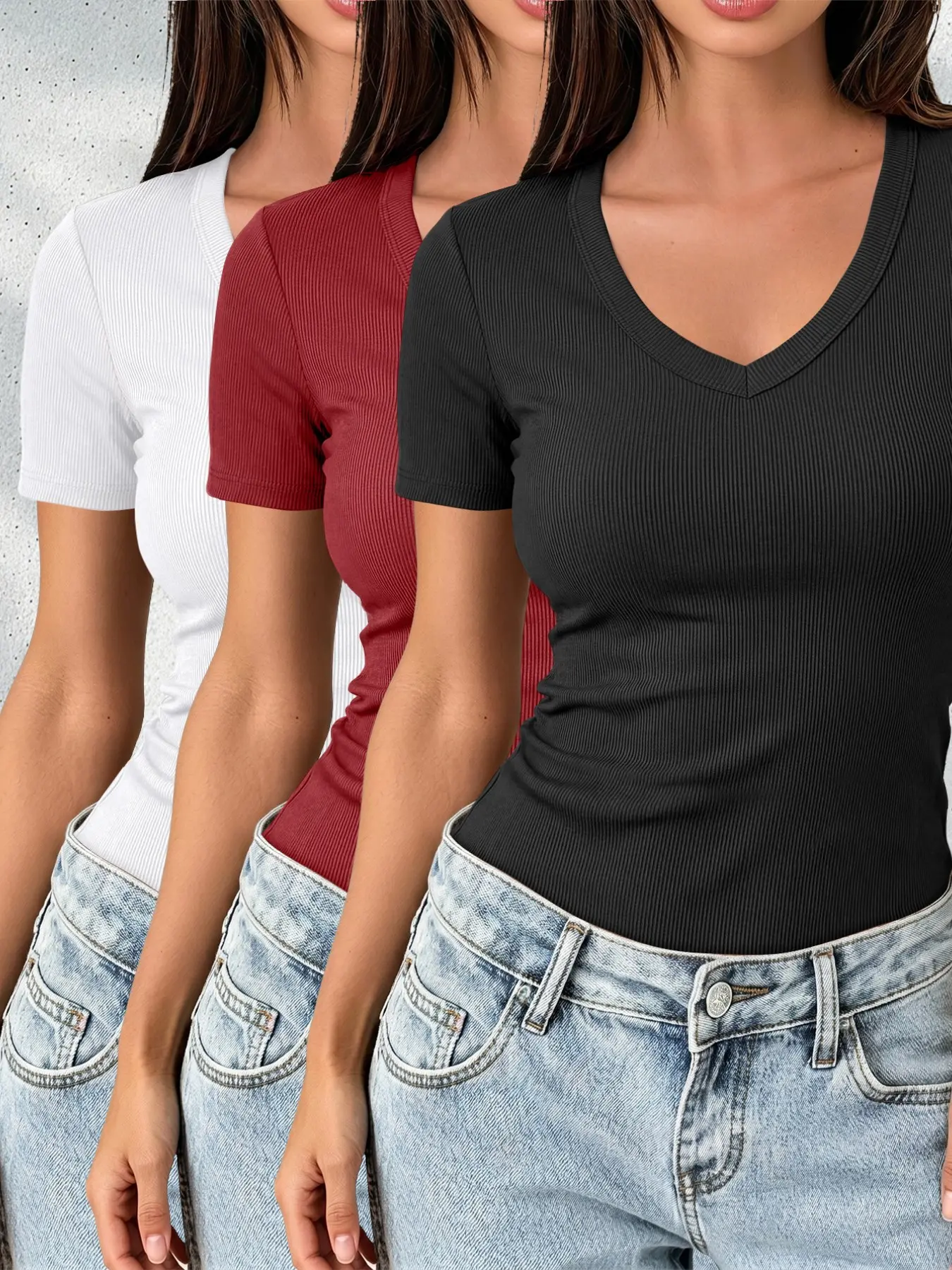 Women's Ribbed V-Neck Short Sleeve Basic T-Shirt 3-Piece Set, Casual Fitted Top, All Seasons Wear, Solid Color, Plain Surface Design