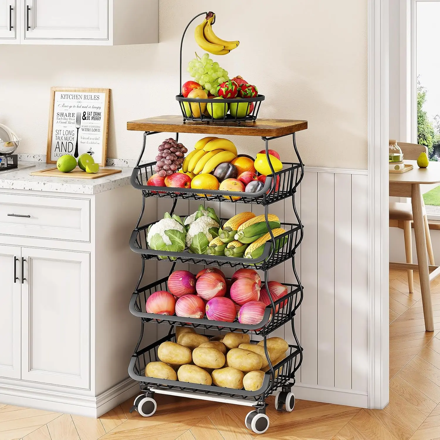 5-Tier Wooden Top Metal Wire Mesh Fruit & Vegetable Organiser, Stackable Kitchen Storage Cart with Wheels, Garage & Pantry Bin Rack for Onions & Potatoes
