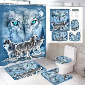 1/4pcs Wolf Howling at Moon Bathroom Set - Blue Shower Curtain, 2 Matching Bath Mats & Toilet Seat Cover with Snowy Forest Design, Perfect for Winter Solstice, Halloween, Christmas, Nordic/Icy Theme Decor, Shower Curtain Sets, Bathroom Accessory
