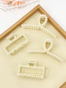 2pcs women's pearl hair claws, elegant shark clip on hair, straight hair claws, square hair claws, daily casual hair accessories, New Year's gifts, Claw Clips