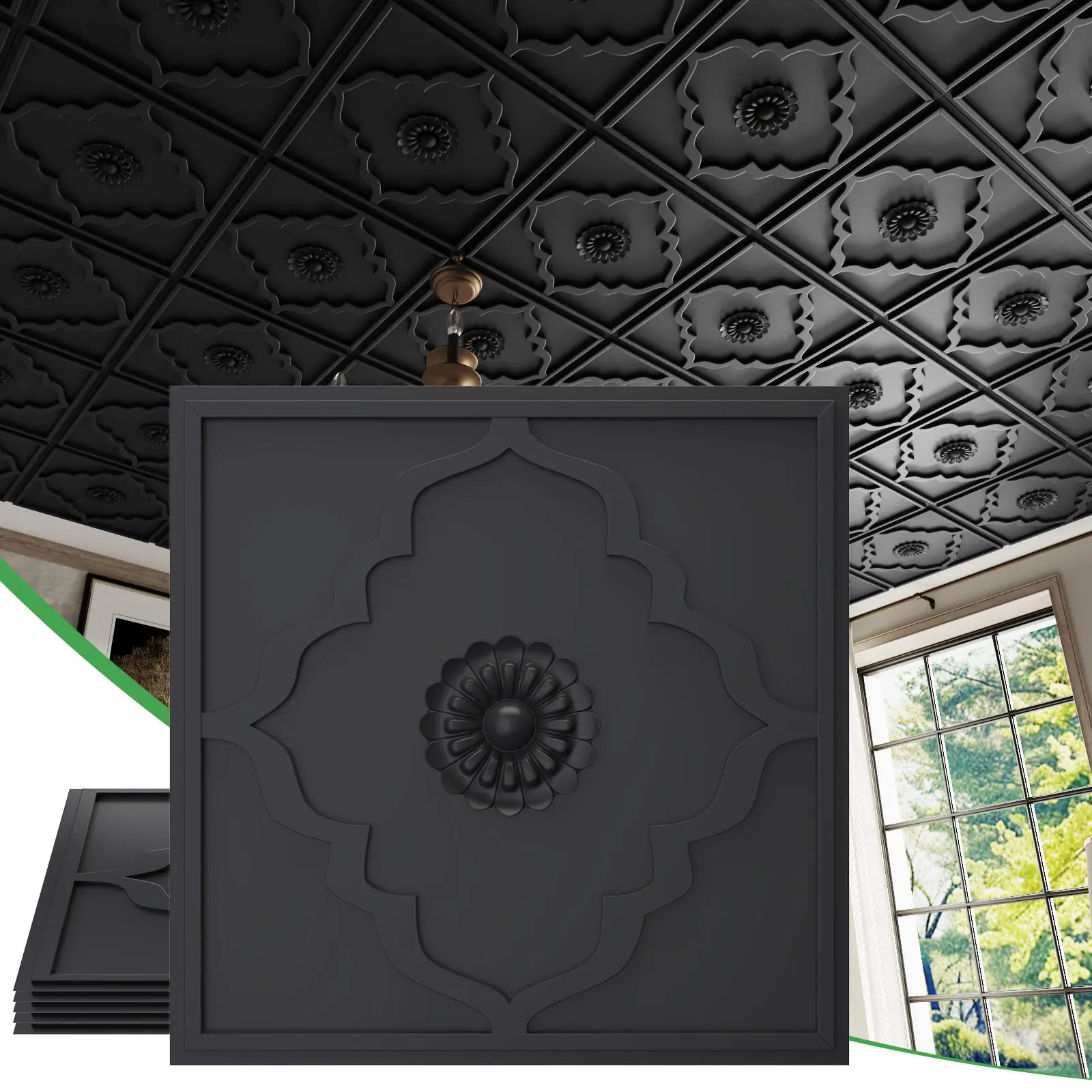 LOOYEE 24 PCS 2x2 FT Black Floral Diamond Geometric PVC Ceiling Tiles, 24x24 in 3D Modern Minimalist Waterproof Fireproof Cuttable Lightweight Panels, Fits 15/16" T-Bar Grid, Ideal for Basements, Restaurants, Offices, DIY Users (Covers 96 Sq.Ft)