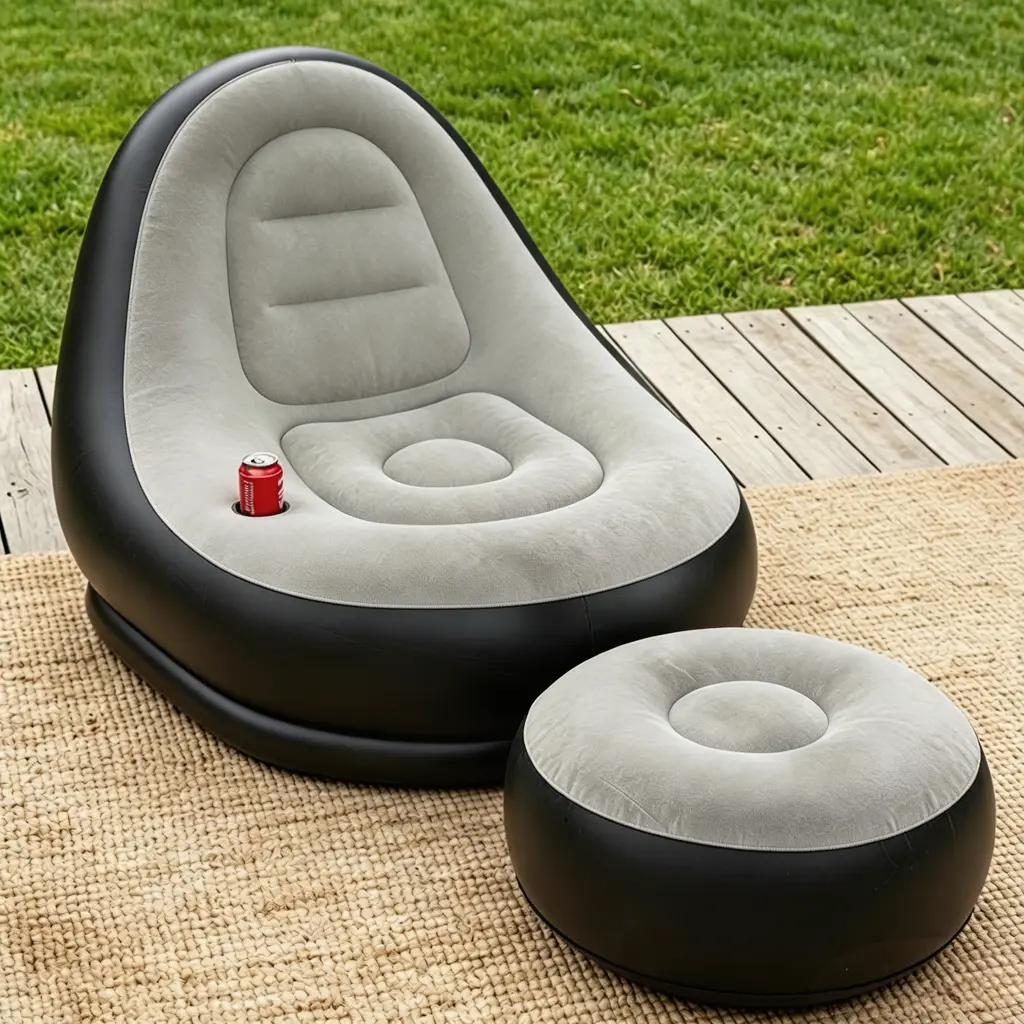 Inflatable Lounge Chair with Ottoman, Ergonomic Collapsible Portable Loungers with Cup Holder, 220LBS Capacity Foldable Seat Loungers for Indoor & Outdoor Relaxation