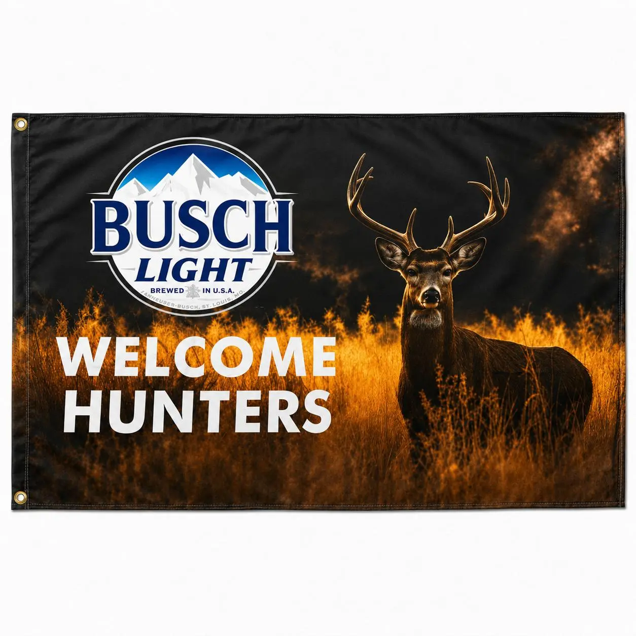 Busch Light Welcome Hunters Deer Hunting Flag, Buck Camp Garage Man Cave Banner 3x5FT, Outdoor Gift for Hunters