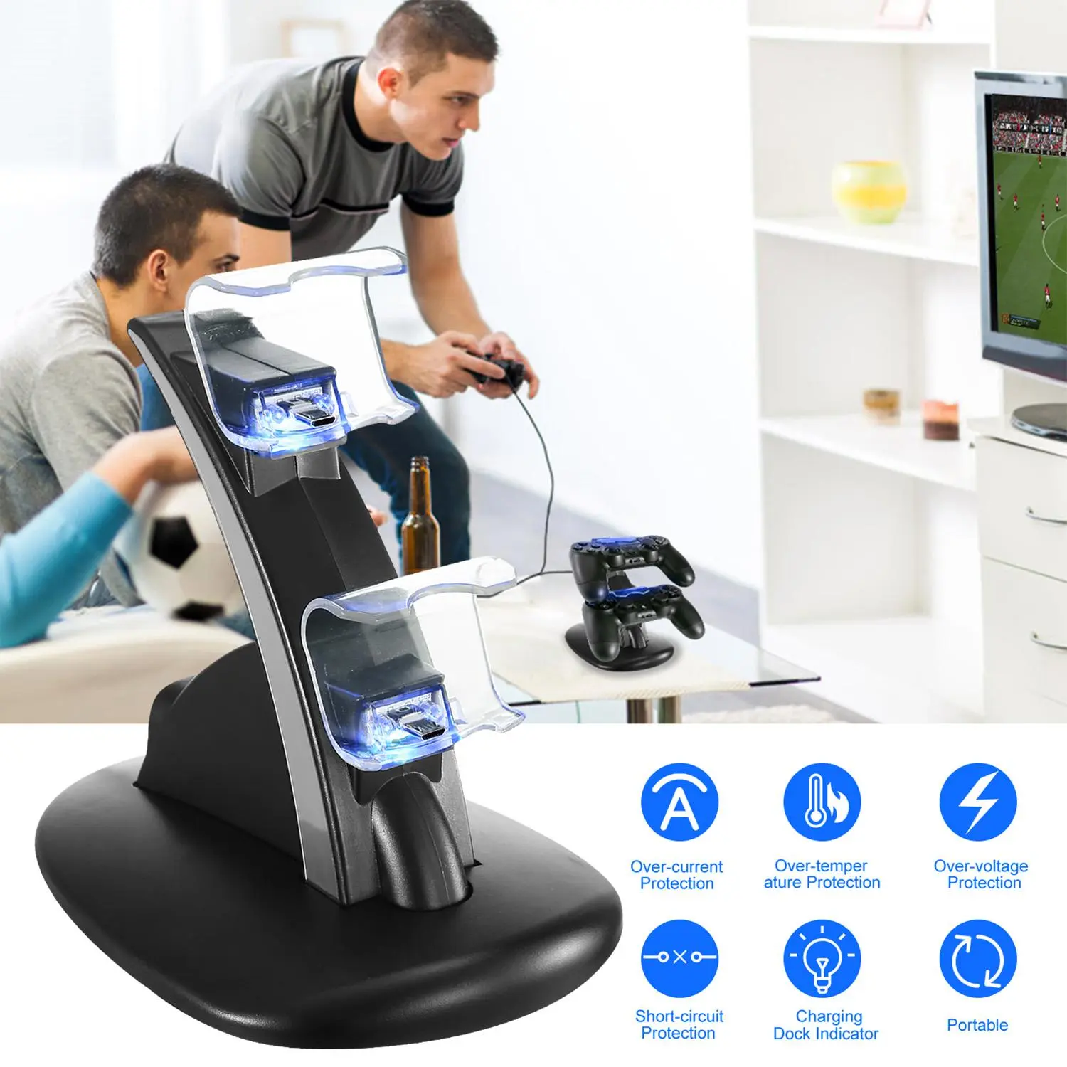 Plastic Portable Electronic Dual Micro USB Charging Dock Station for PS4 Pro-PS4 Slim Console Gamepad Controllers, Chargeable Gaming Accessory with Blue Lights, DC 5V/0.5-1A Power, Protection Stand with Indicator for Game Lovers