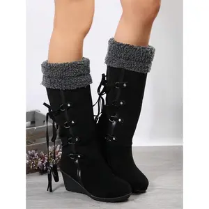 Women's Platform Thigh-High Boots Fluffy Furry One-Push Back Lace-Up Fringe High Leg Boots Warm Snow Boots, Suede Black Boots, European Style