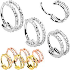 18 Gauge Double Row Micro Gem Implant Grade Titanium Hinged Double Hoop Nose Ring