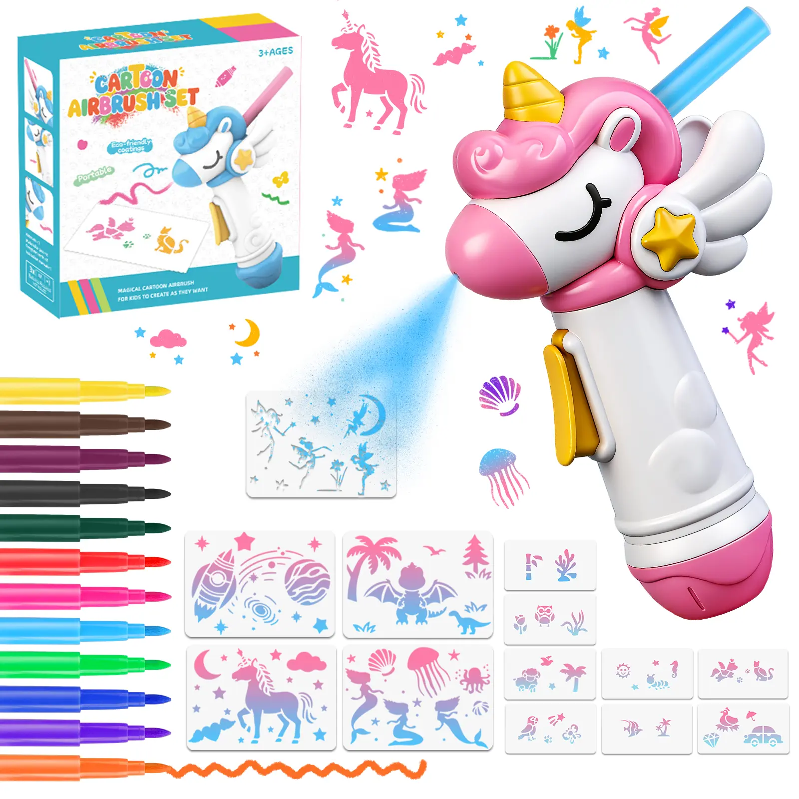 #Summervibes Kids Graffiti Airbrush Spray Art Kit Washable Drawing Set with 12 Markers and 8 Card Stencils DIY Craft Painting Toy Creative Gift for Children Girls and Boys